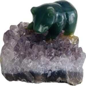 Jade Bear Figurine on Amethyst Crystal